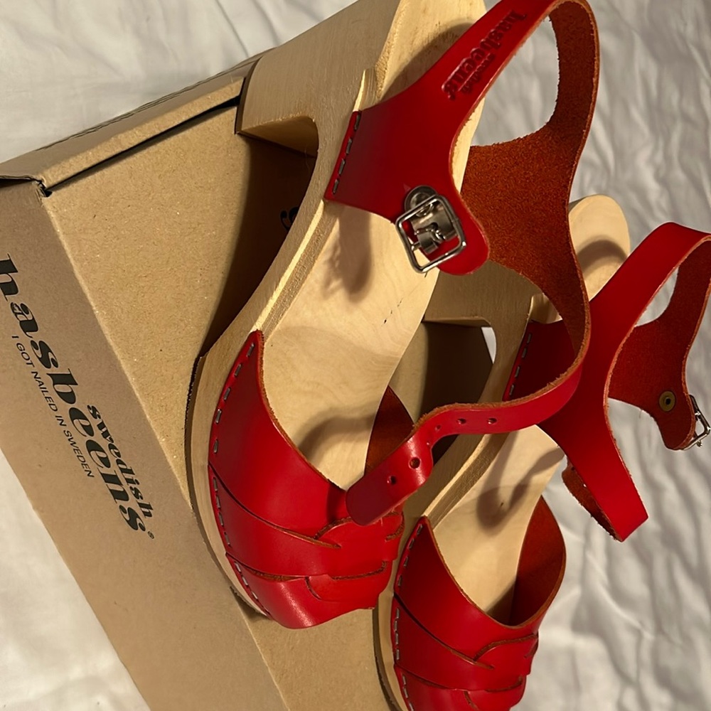 Swedish Hasbeens Red Sandals with Wooden Platform